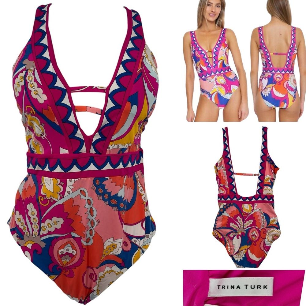 Trina Turk Sevilla V Plunge Strappy One Piece Swimsuit Sz. 14